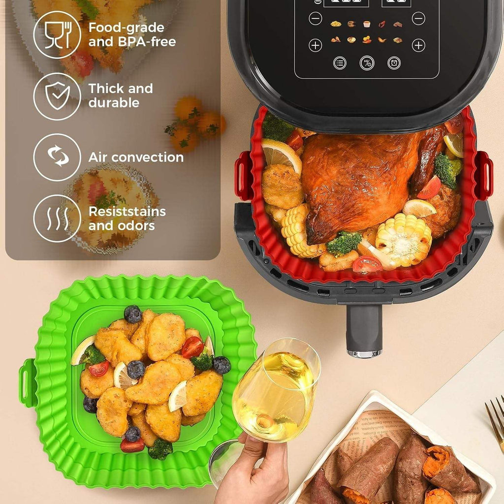 2-Pack Reusable Silicone Air Fryer Liners 8.27×6.3×1.97 Inch – Non-Stick Square Air Fryer Pots,Dishwasher Safe Air Fryer Accessories for 3–5 QT Air Fryers (Red & Blue)