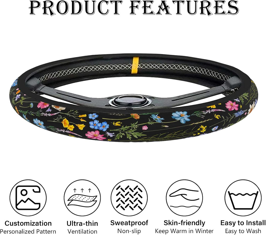 Wildflower Car Steering Wheel Cover, Cute Steering Wheel Cover Protector