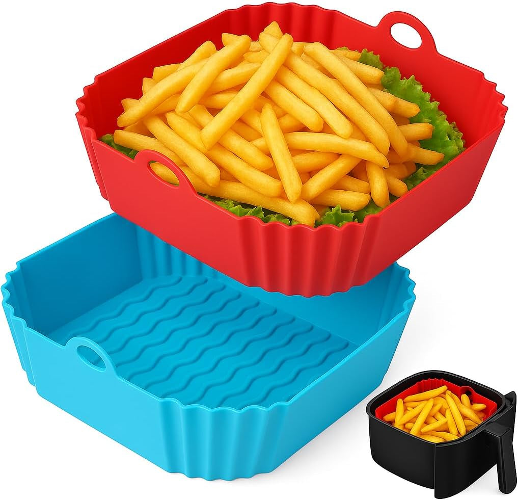 2-Pack Reusable Silicone Air Fryer Liners 8.27×6.3×1.97 Inch – Non-Stick Square Air Fryer Pots,Dishwasher Safe Air Fryer Accessories for 3–5 QT Air Fryers (Red & Blue)