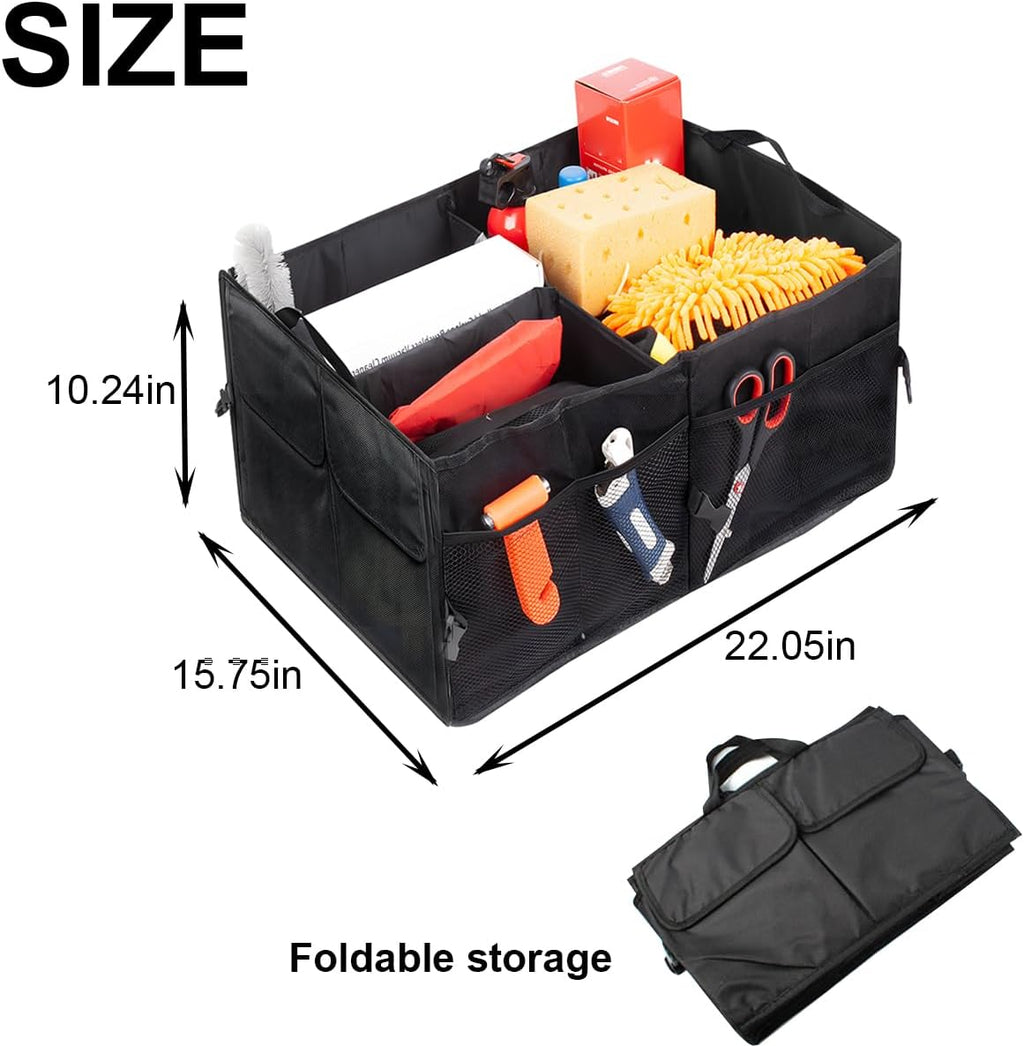 Car Trunk Organizer, Collapsible Multi Compartment Vehicle Storage Box, Waterproof Adjustable Automotive Organization Container Accessories, Universal for SUV, Sedan, Truck (Black)