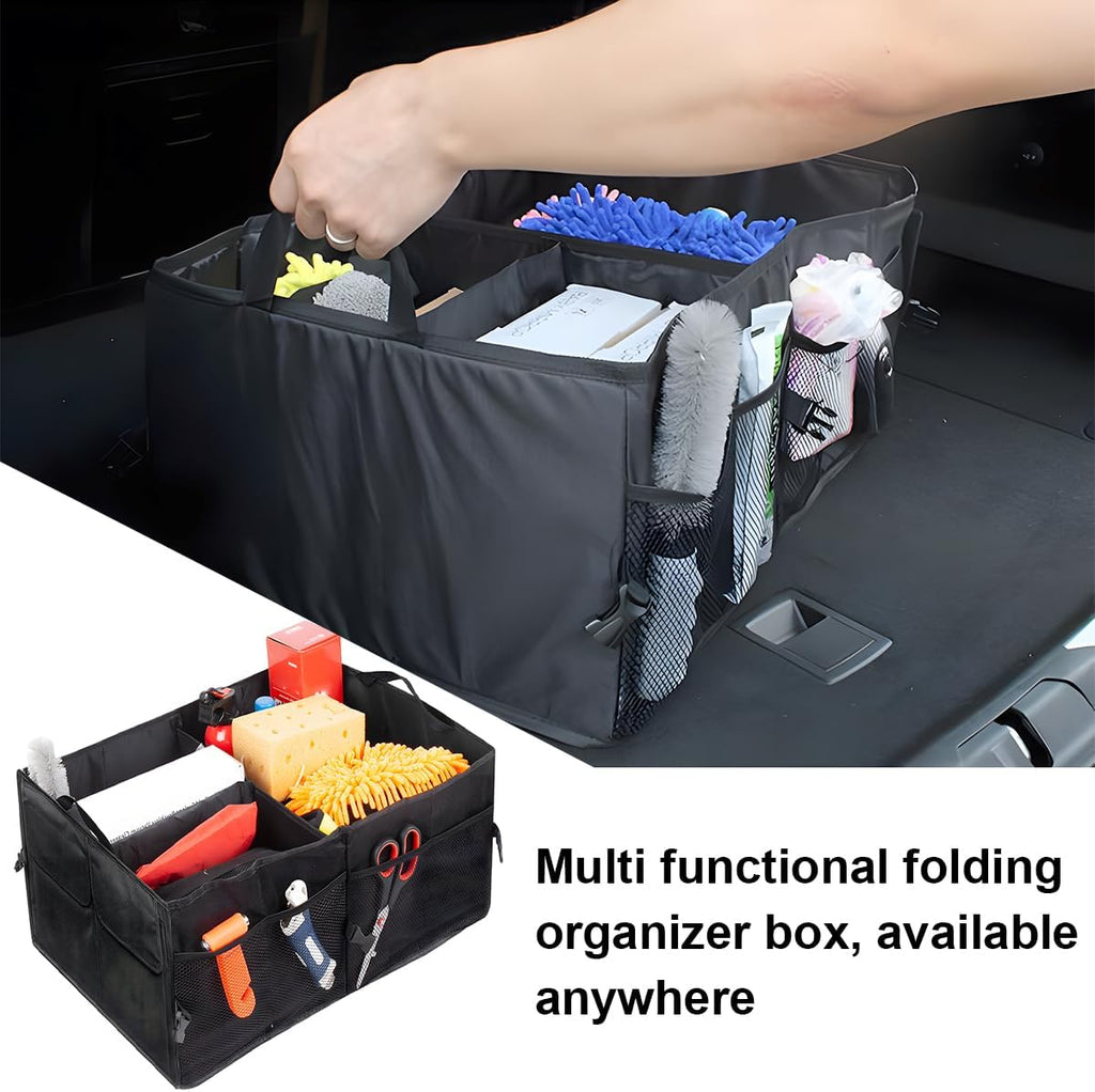 Car Trunk Organizer, Collapsible Multi Compartment Vehicle Storage Box, Waterproof Adjustable Automotive Organization Container Accessories, Universal for SUV, Sedan, Truck (Black)