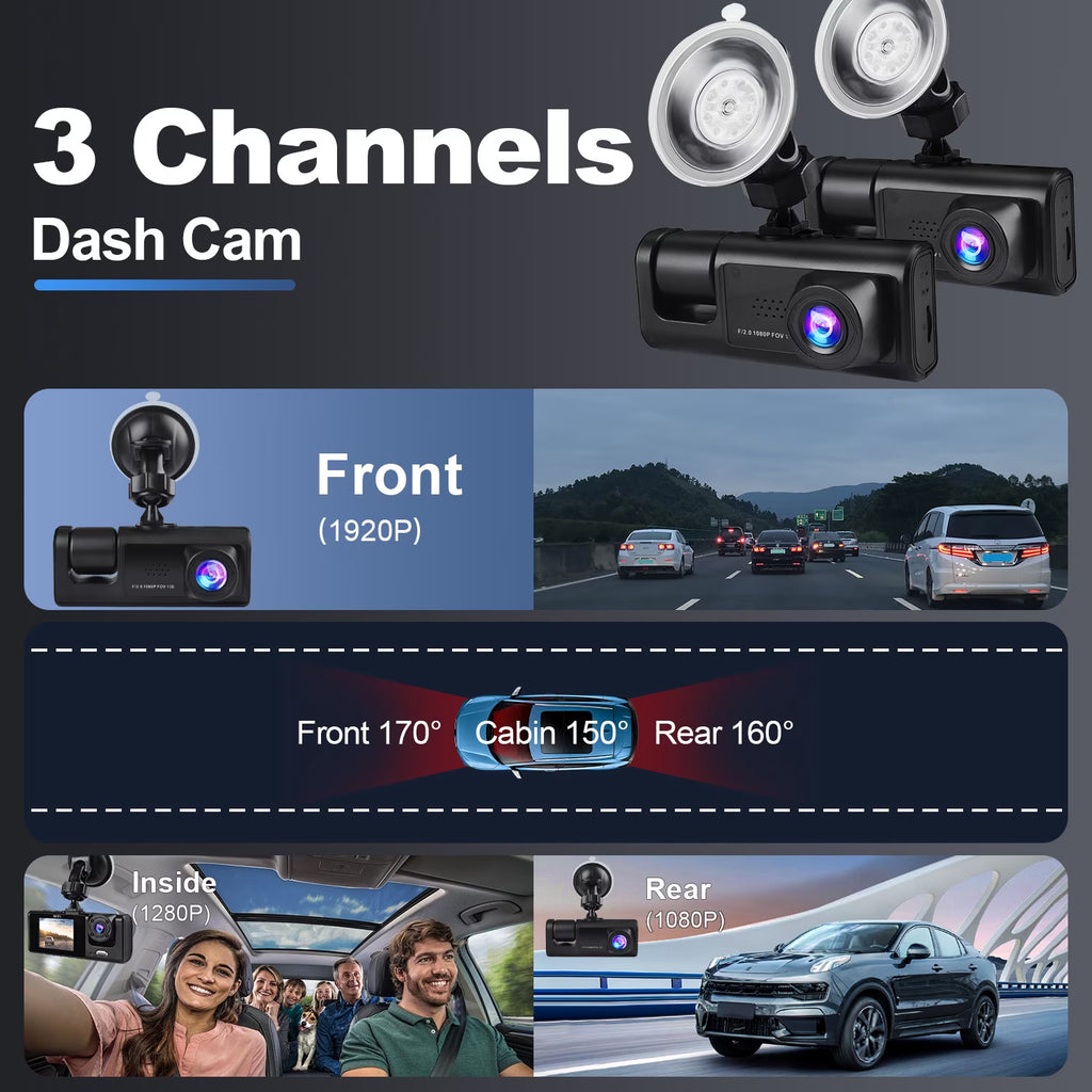 Dash Cam Front and Rear,Full HD 1920P/1080P Dash Cam Wifi App 3 Channel Dash Cam Front and Rear inside 170°Wide Angle Loop Recording Dash Camera for Cars with Night Vision