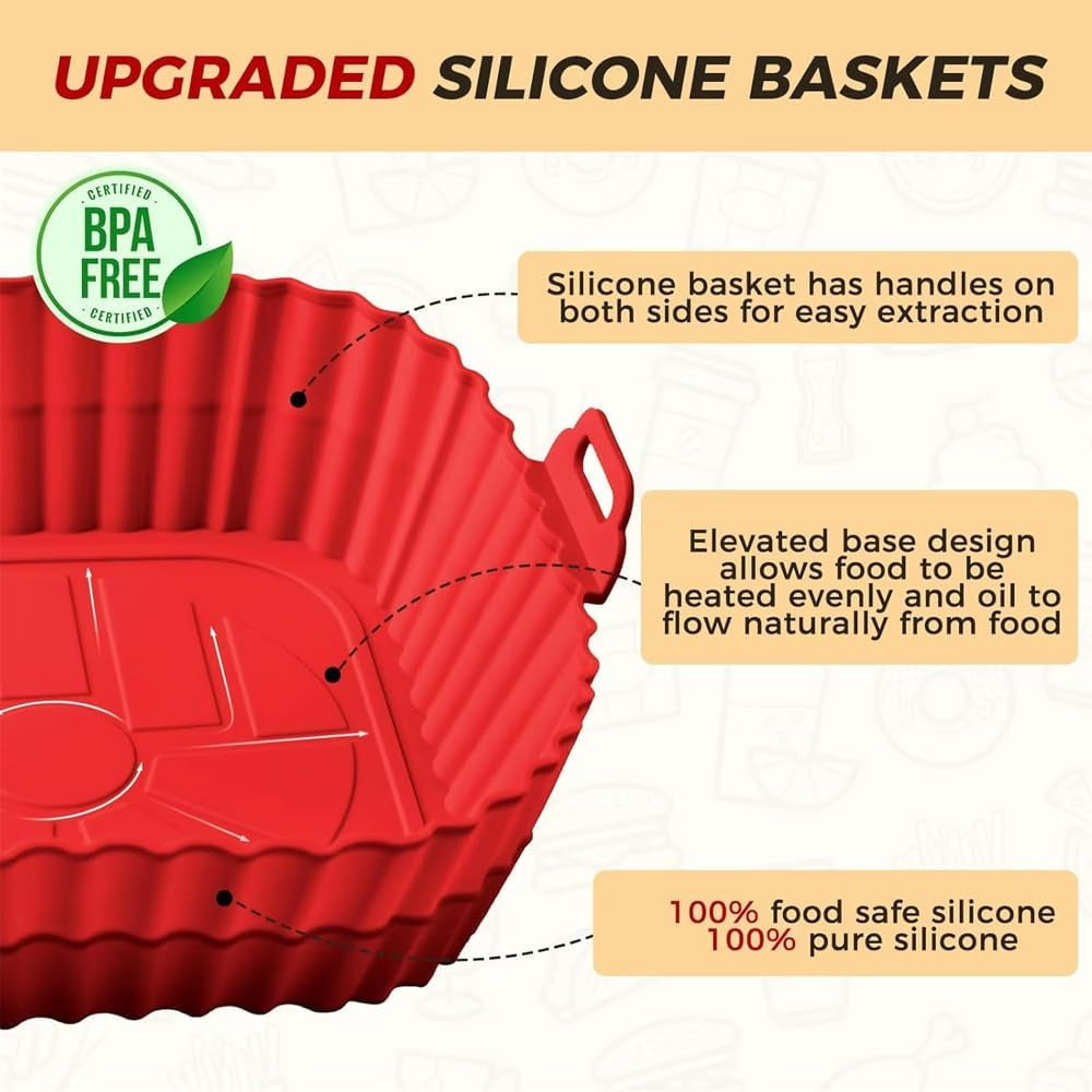 2-Pack Reusable Silicone Air Fryer Liners 8.27×6.3×1.97 Inch – Non-Stick Square Air Fryer Pots,Dishwasher Safe Air Fryer Accessories for 3–5 QT Air Fryers (Red & Blue)