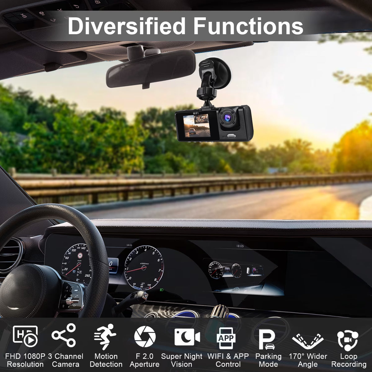 Dash Cam Front and Rear,Full HD 1920P/1080P Dash Cam Wifi App 3 Channel Dash Cam Front and Rear inside 170°Wide Angle Loop Recording Dash Camera for Cars with Night Vision