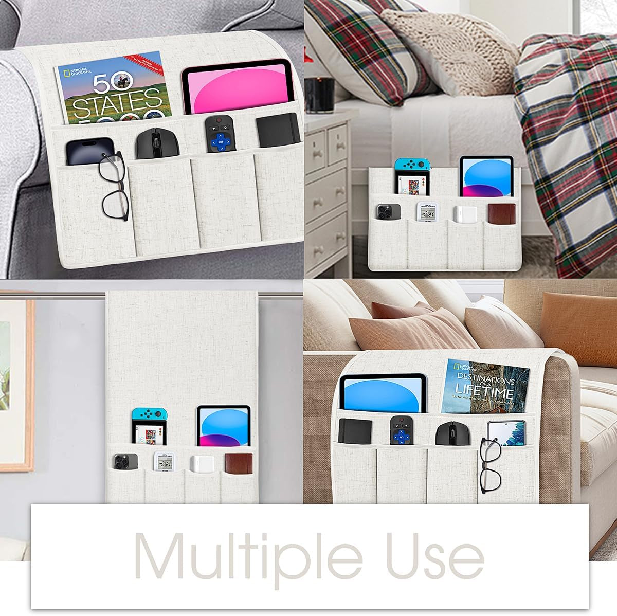 Remote Control Holder Armchair Caddy Armrest Organizer Beige White