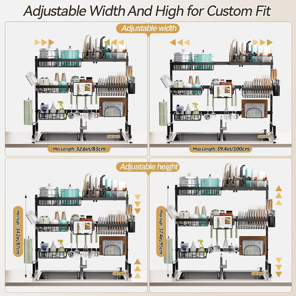 over Sink Dish Drying Rack (Expandable Height/Length) Snap-On Design Large Dish Drainer Storage Counter Organizer 32-40L X 12W X 34-38H (Inches)