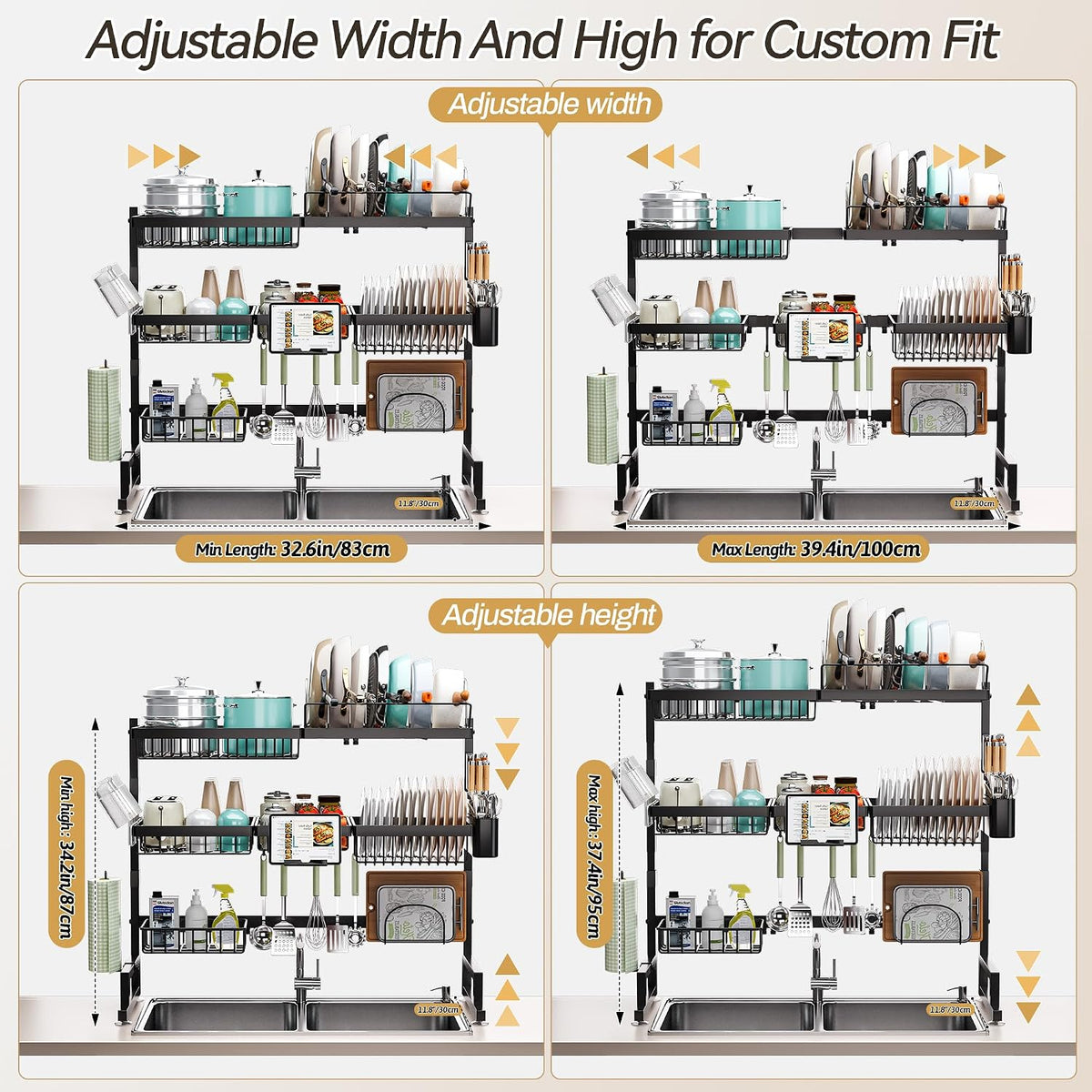 over Sink Dish Drying Rack (Expandable Height/Length) Snap-On Design Large Dish Drainer Storage Counter Organizer 32-40L X 12W X 34-38H (Inches)