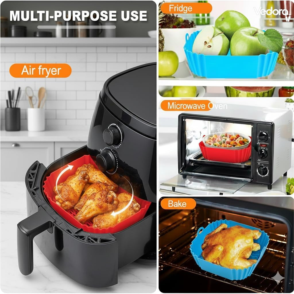 2-Pack Reusable Silicone Air Fryer Liners 8.27×6.3×1.97 Inch – Non-Stick Square Air Fryer Pots,Dishwasher Safe Air Fryer Accessories for 3–5 QT Air Fryers (Red & Blue)