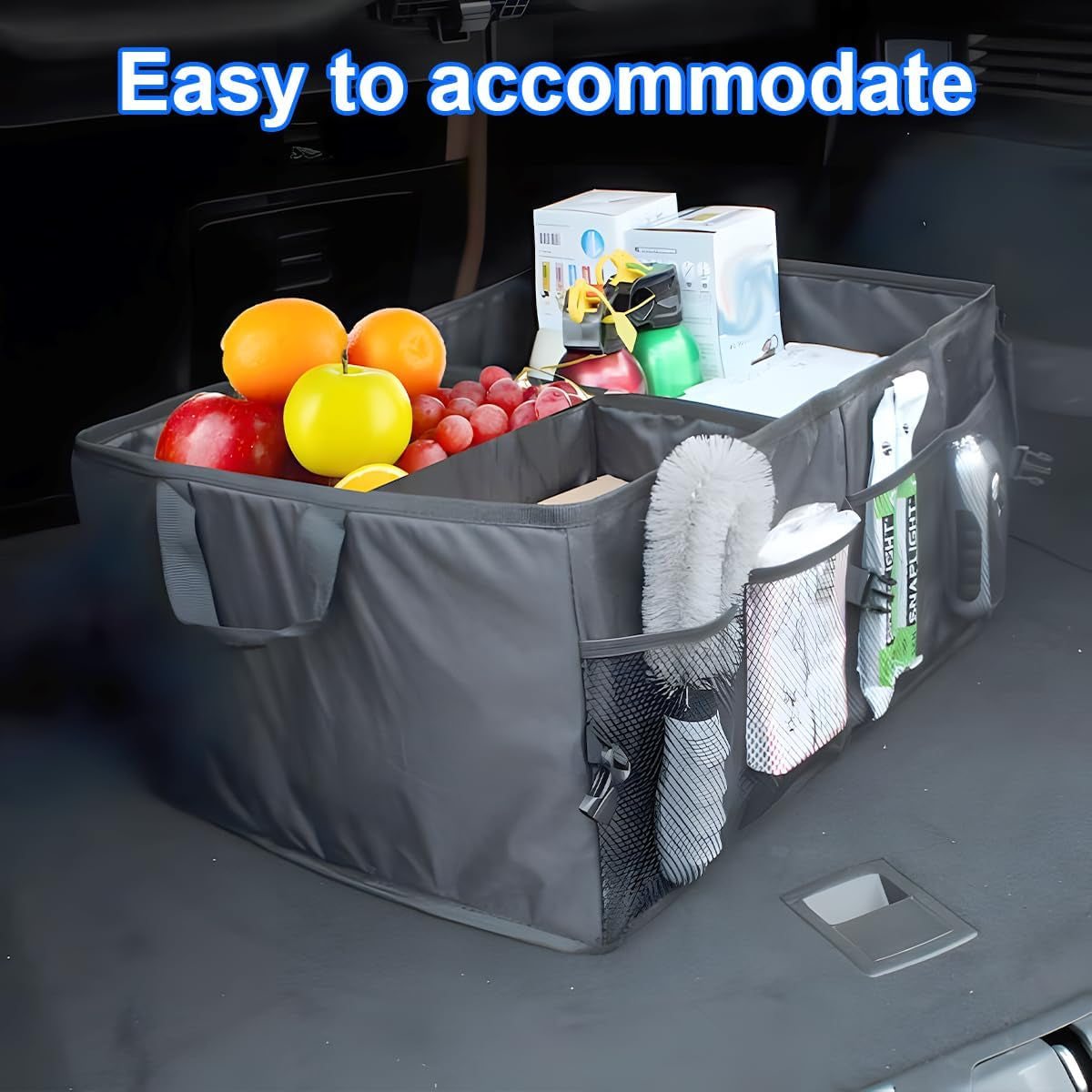 Car Trunk Organizer, Collapsible Multi Compartment Vehicle Storage Box, Waterproof Adjustable Automotive Organization Container Accessories, Universal for SUV, Sedan, Truck (Black)