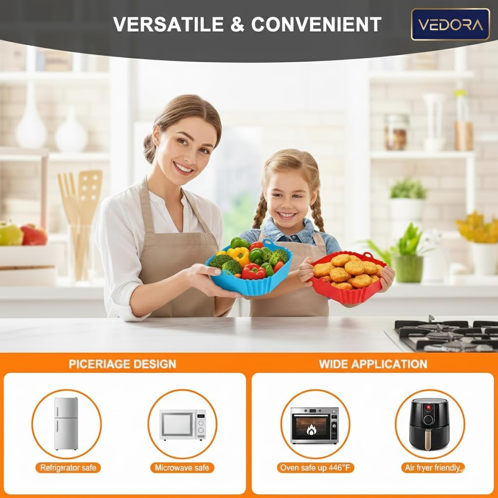2-Pack Reusable Silicone Air Fryer Liners 8.27×6.3×1.97 Inch – Non-Stick Square Air Fryer Pots,Dishwasher Safe Air Fryer Accessories for 3–5 QT Air Fryers (Red & Blue)