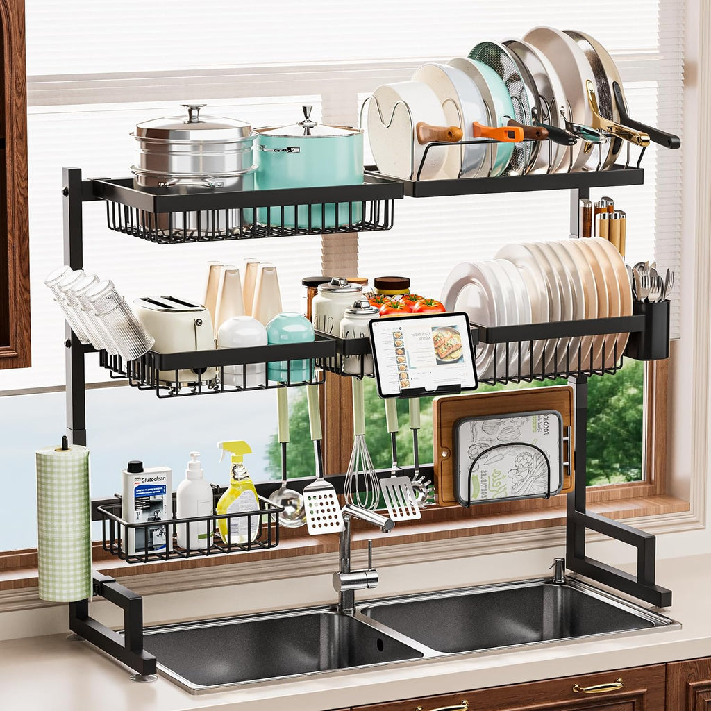 over Sink Dish Drying Rack (Expandable Height/Length) Snap-On Design Large Dish Drainer Storage Counter Organizer 32-40L X 12W X 34-38H (Inches)