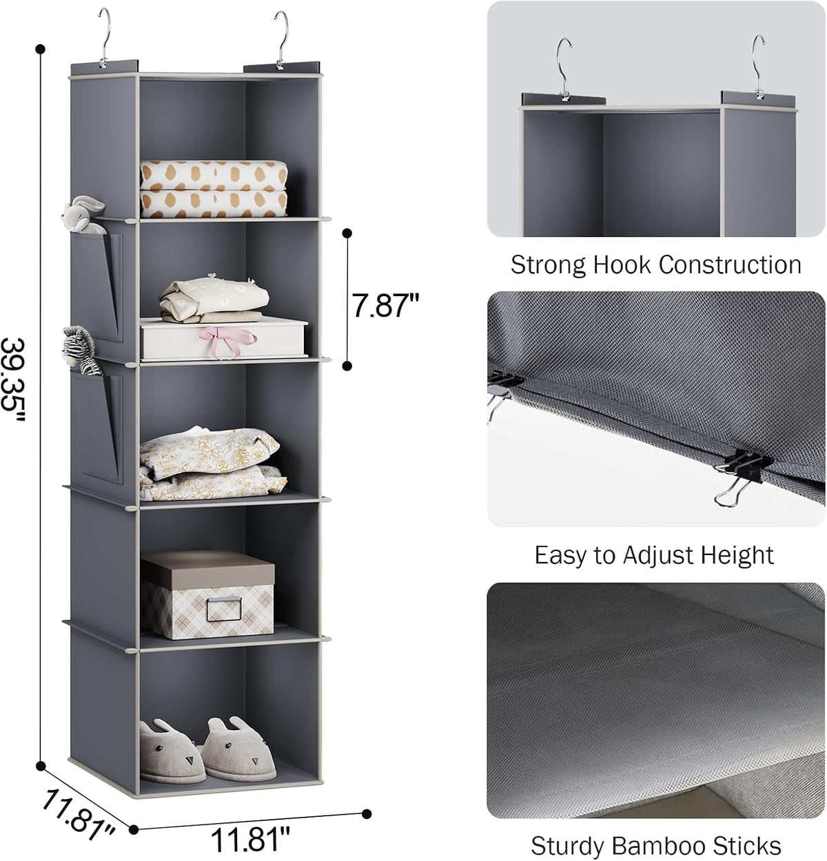 Hanging Closet Organizer and Storage for Clothes, 5-Shelf, Grey