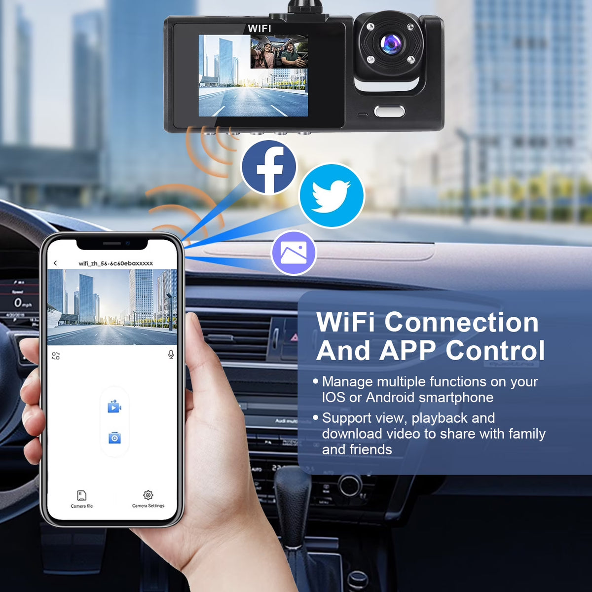 Dash Cam Front and Rear,Full HD 1920P/1080P Dash Cam Wifi App 3 Channel Dash Cam Front and Rear inside 170°Wide Angle Loop Recording Dash Camera for Cars with Night Vision