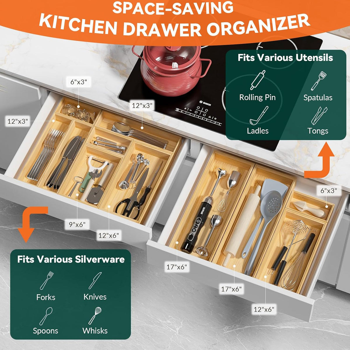 Bamboo Kitchen Drawer Organizer, 2 Pack, 12" X 3" X 2"