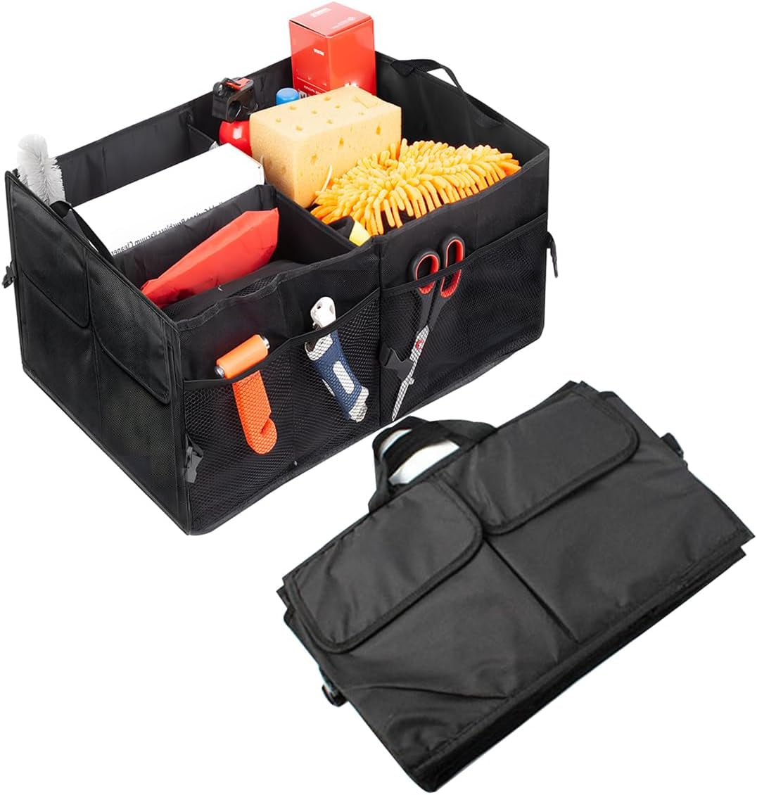 Car Trunk Organizer, Collapsible Multi Compartment Vehicle Storage Box, Waterproof Adjustable Automotive Organization Container Accessories, Universal for SUV, Sedan, Truck (Black)