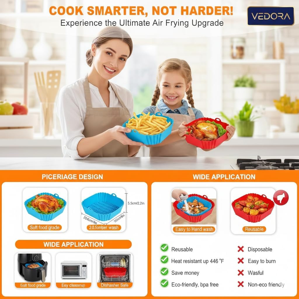 2-Pack Reusable Silicone Air Fryer Liners 8.27×6.3×1.97 Inch – Non-Stick Square Air Fryer Pots,Dishwasher Safe Air Fryer Accessories for 3–5 QT Air Fryers (Red & Blue)