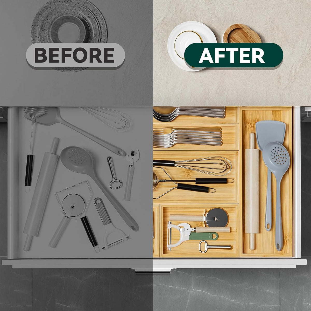 Bamboo Kitchen Drawer Organizer, 2 Pack, 12" X 3" X 2"