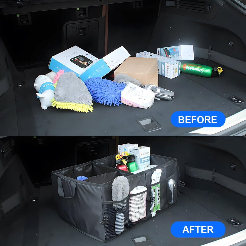 Car Trunk Organizer, Collapsible Multi Compartment Vehicle Storage Box, Waterproof Adjustable Automotive Organization Container Accessories, Universal for SUV, Sedan, Truck (Black)
