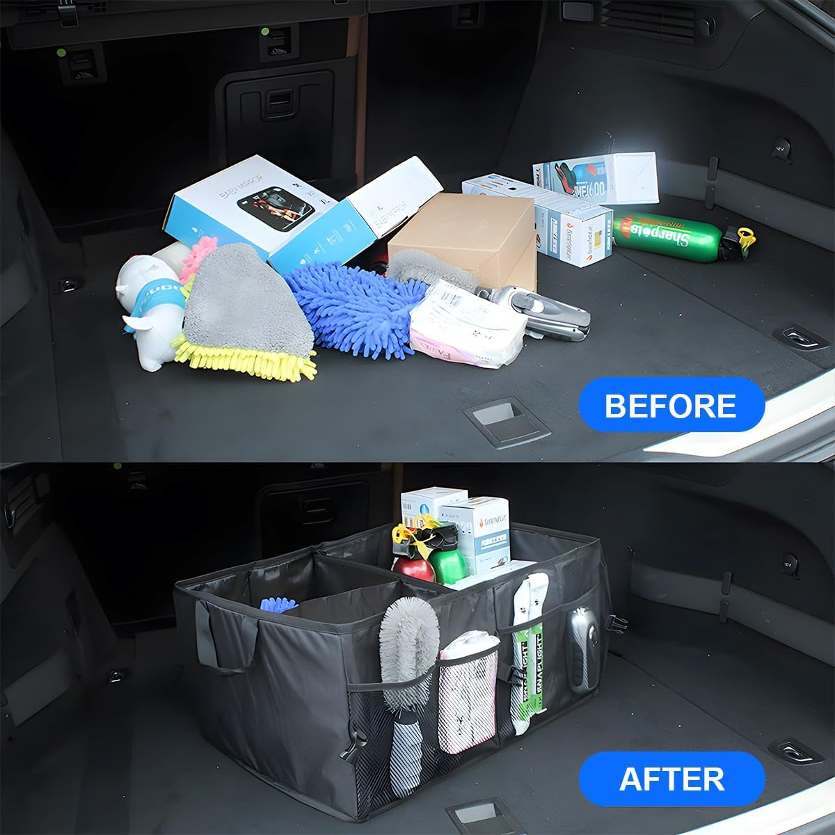 Car Trunk Organizer, Collapsible Multi Compartment Vehicle Storage Box, Waterproof Adjustable Automotive Organization Container Accessories, Universal for SUV, Sedan, Truck (Black)