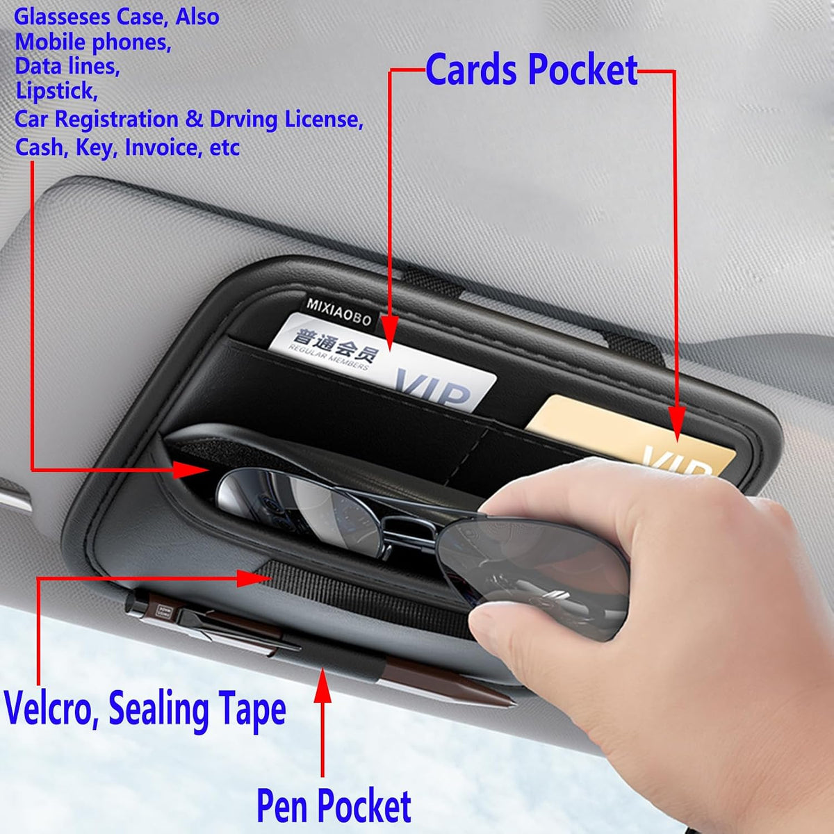Car Truck Visor Organizer Case Holder for Sunglasses, Card Sleeve Pocket Organizer, Visor Document Holder, Car Registration and Drving License, Insurance, Pen, Chapstick, Phone
