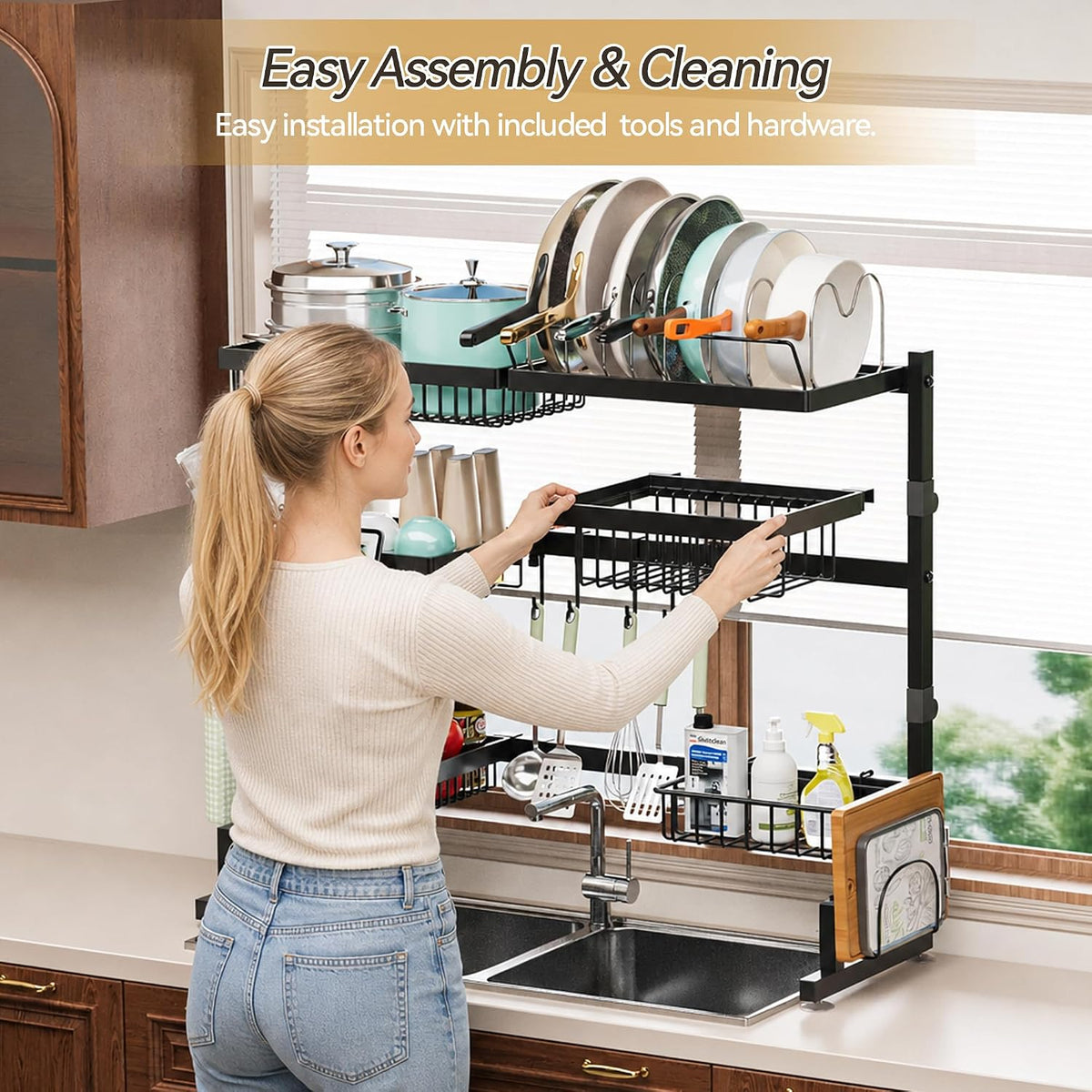 over Sink Dish Drying Rack (Expandable Height/Length) Snap-On Design Large Dish Drainer Storage Counter Organizer 32-40L X 12W X 34-38H (Inches)