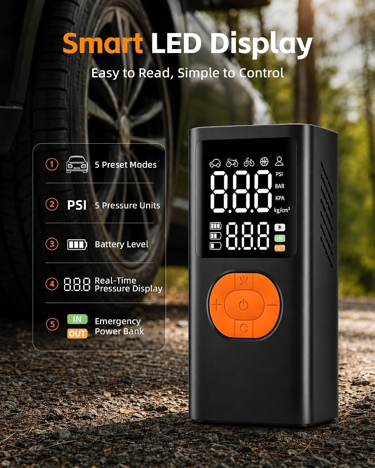 Tire Inflator Portable Air Compressor for Car Tires, 150 PSI Cordless Portable Air Compressor with Digital Pressure Gauge, Auto Shut-Off, LED Emergency Light for Roadside Emergencies