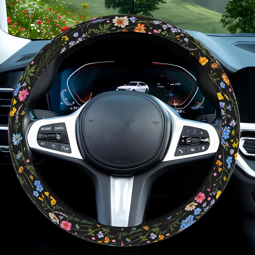 Wildflower Car Steering Wheel Cover, Cute Steering Wheel Cover Protector