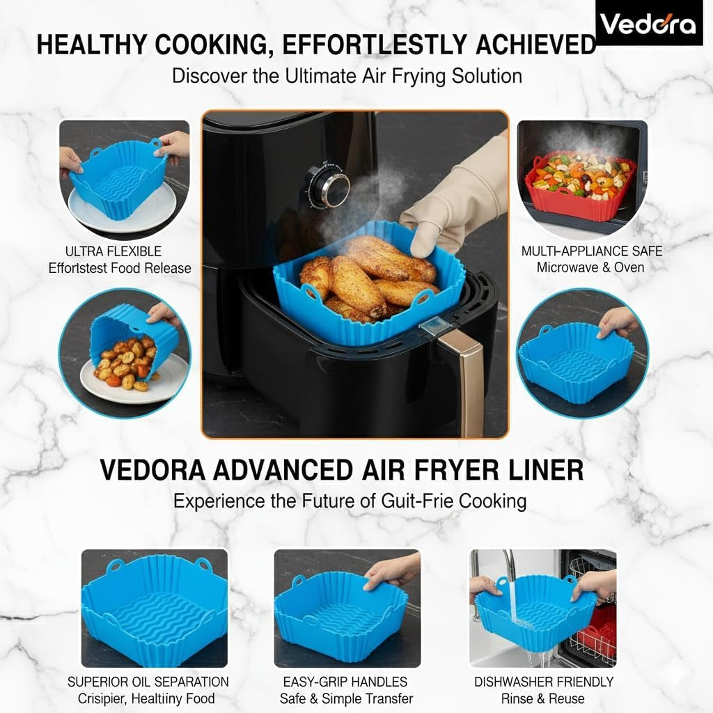 2-Pack Reusable Silicone Air Fryer Liners 8.27×6.3×1.97 Inch – Non-Stick Square Air Fryer Pots,Dishwasher Safe Air Fryer Accessories for 3–5 QT Air Fryers (Red & Blue)