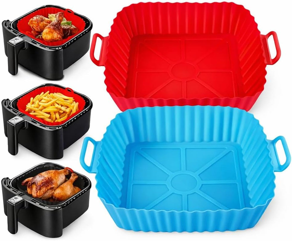 2-Pack Reusable Silicone Air Fryer Liners 8.27×6.3×1.97 Inch – Non-Stick Square Air Fryer Pots,Dishwasher Safe Air Fryer Accessories for 3–5 QT Air Fryers (Red & Blue)